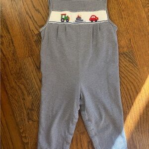 Petit Bebe Striped Overalls with Vehicle Design